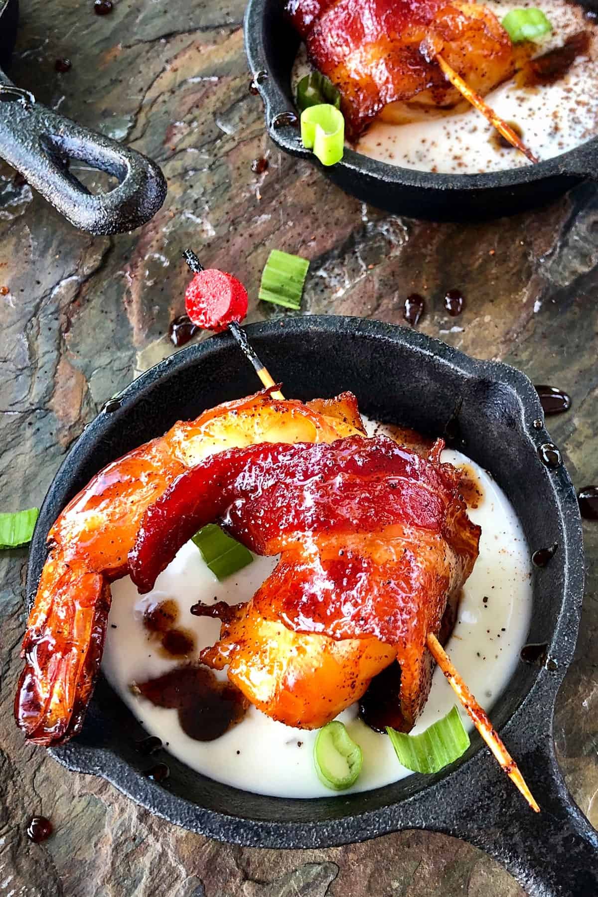 Shrimp wrapped in bacon and chili