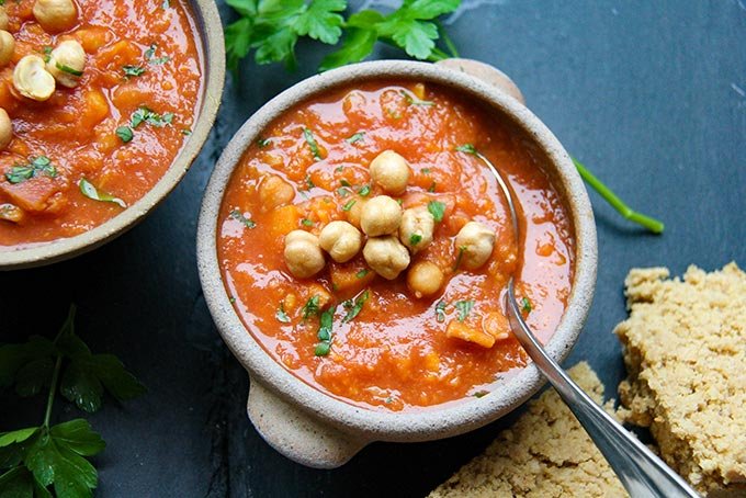 Spicy Vegan Sweet Potato Soup with Coconut and Chickpeas