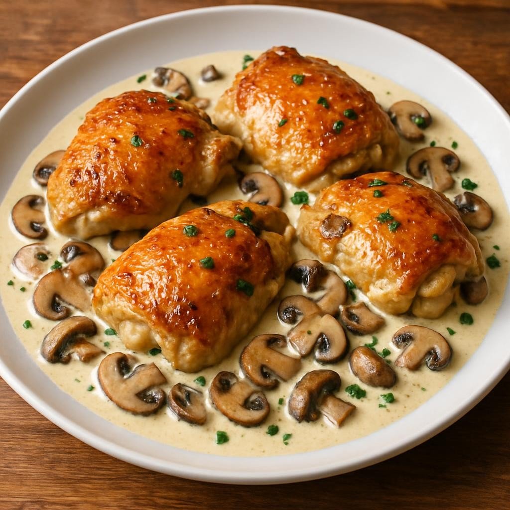Creamy Garlic Mushroom Chicken Thighs – A Cozy Delight on Your Plate