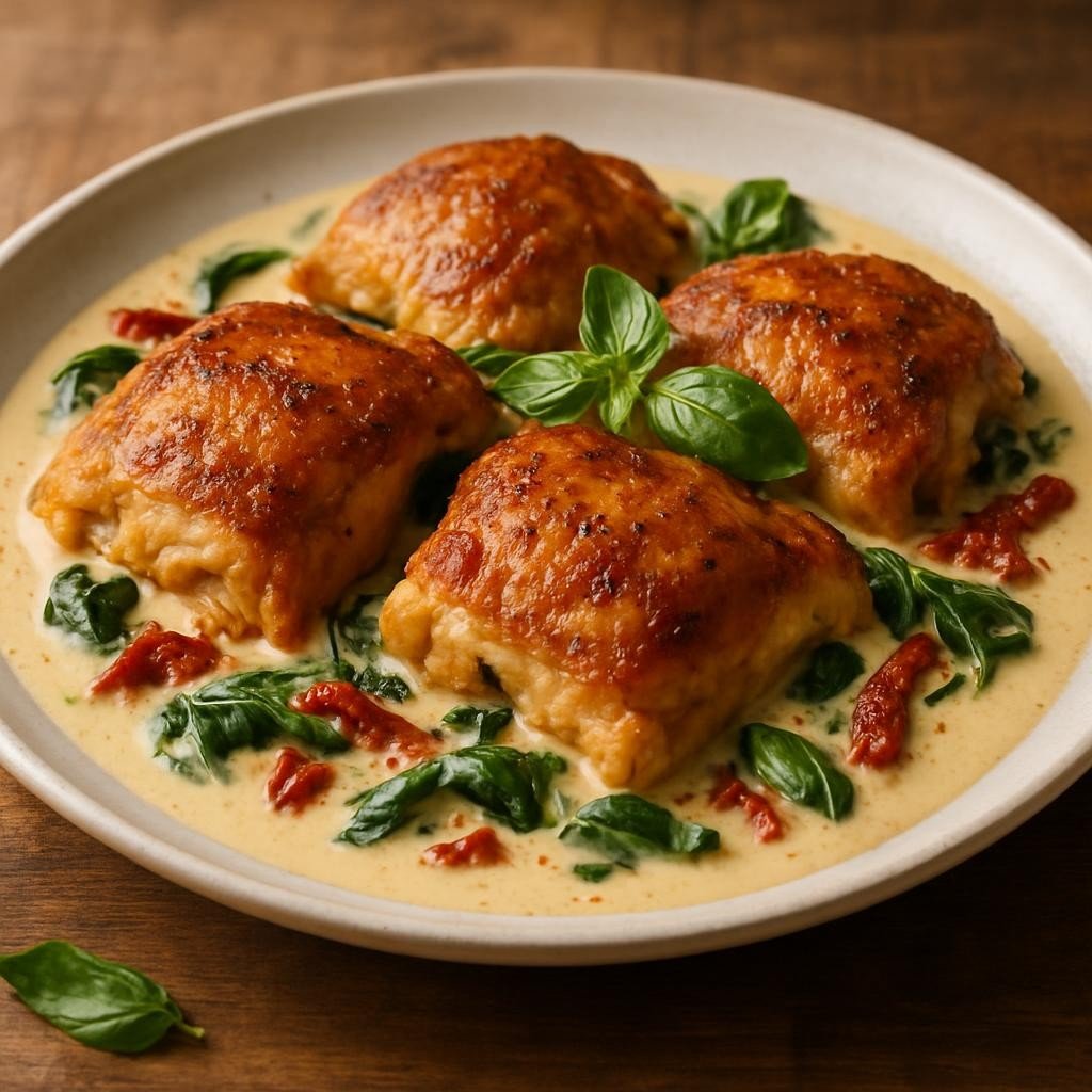 Creamy Tuscan Chicken Thighs – Decadent, Rustic, and Irresistibly Delicious