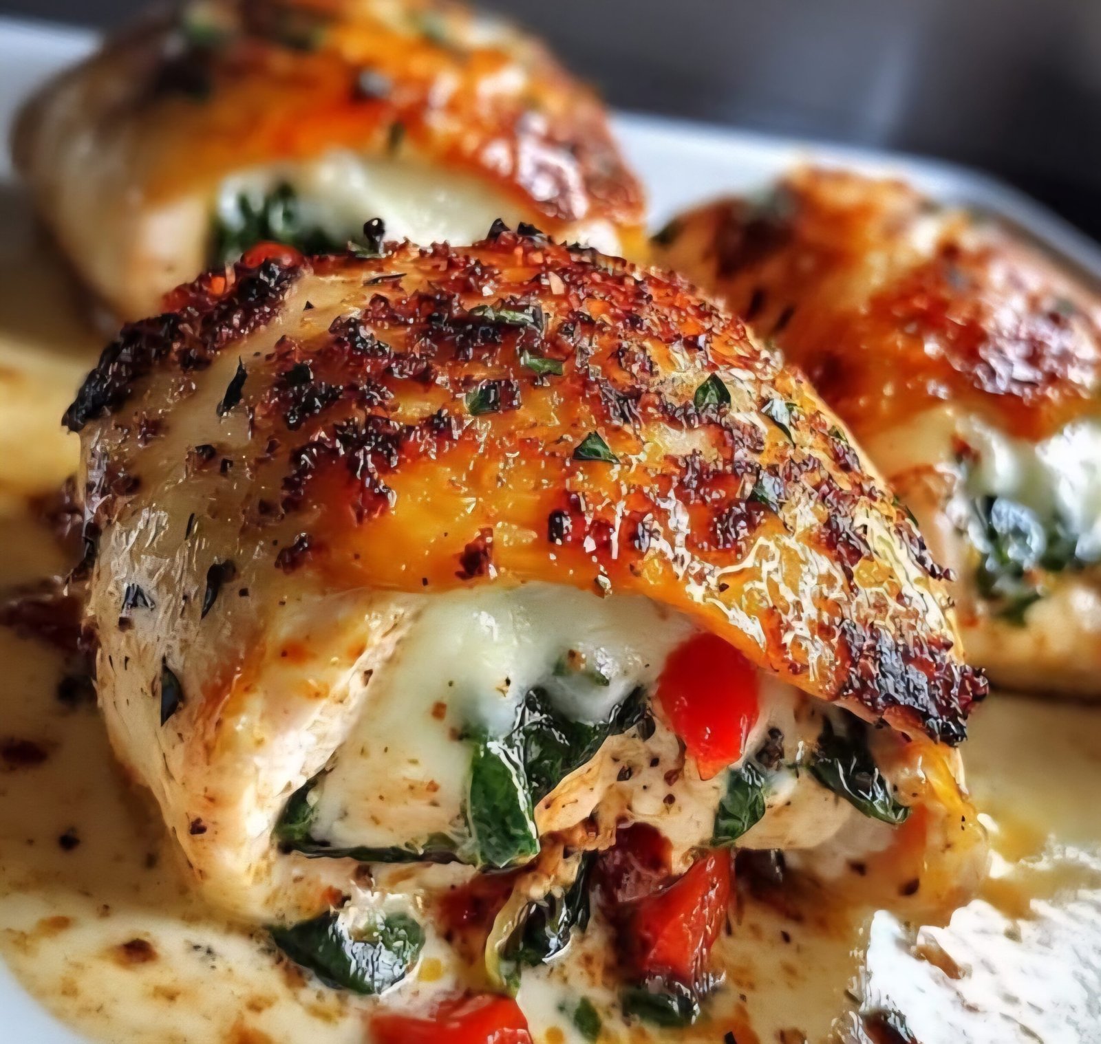 🍗 Creamy Stuffed Chicken with Mozzarella, Roasted Red Peppers & Sautéed Spinach