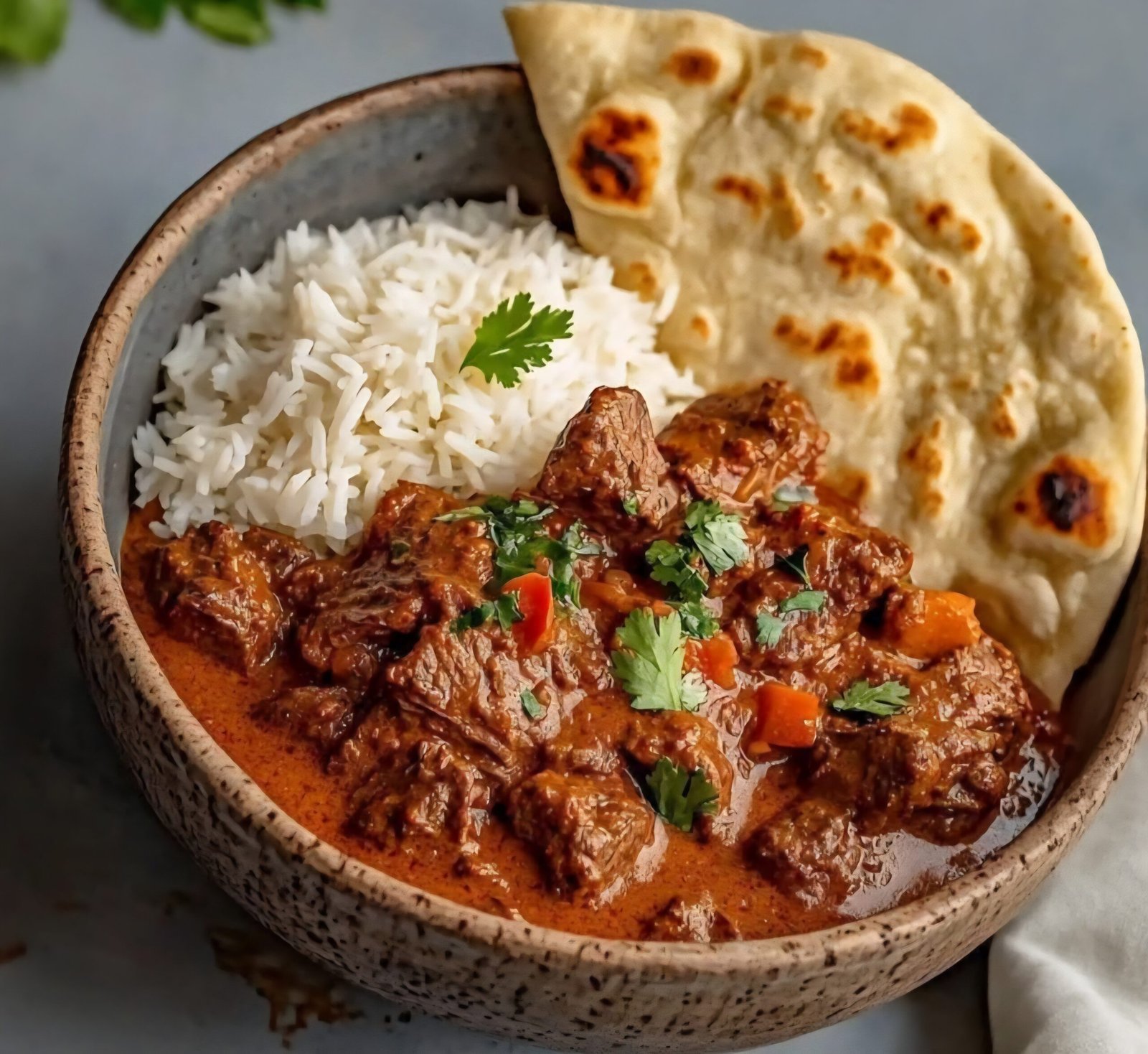🌴 Creamy Slow-Cooked Beef in Coconut Curry with Rice & Garlic Naan