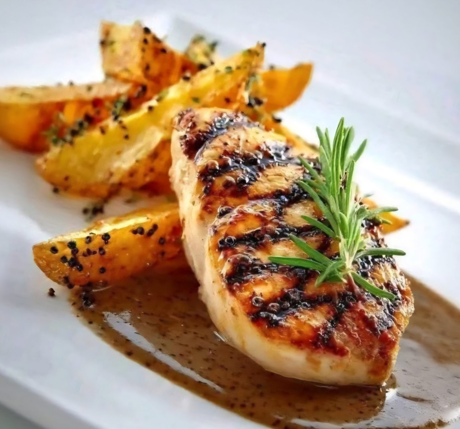 Calvados-Apple Marinated Grilled Chicken Breast with Sauce Périgueux & Roasted Potato Wedges