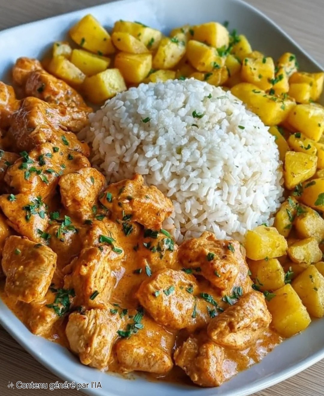 🌟 Creamy Spiced Chicken with Fluffy Rice & Golden Potatoes
