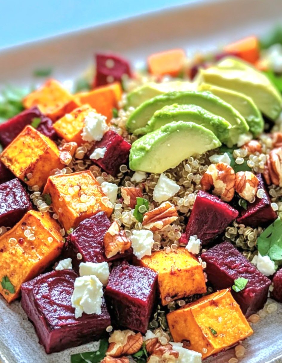 🥗 Roasted Sweet Potato and Beet Quinoa Salad with Avocado Lime Dressing